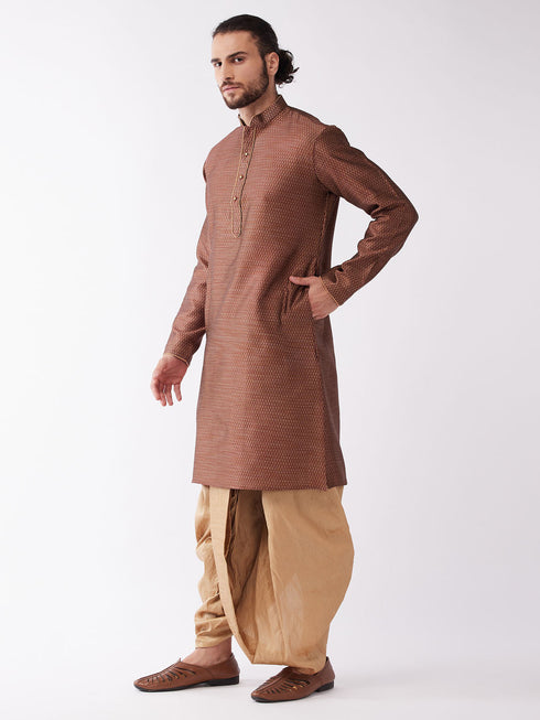Vastramay Men's Maroon And Rose Gold Silk Blend Kurta And Dhoti Set